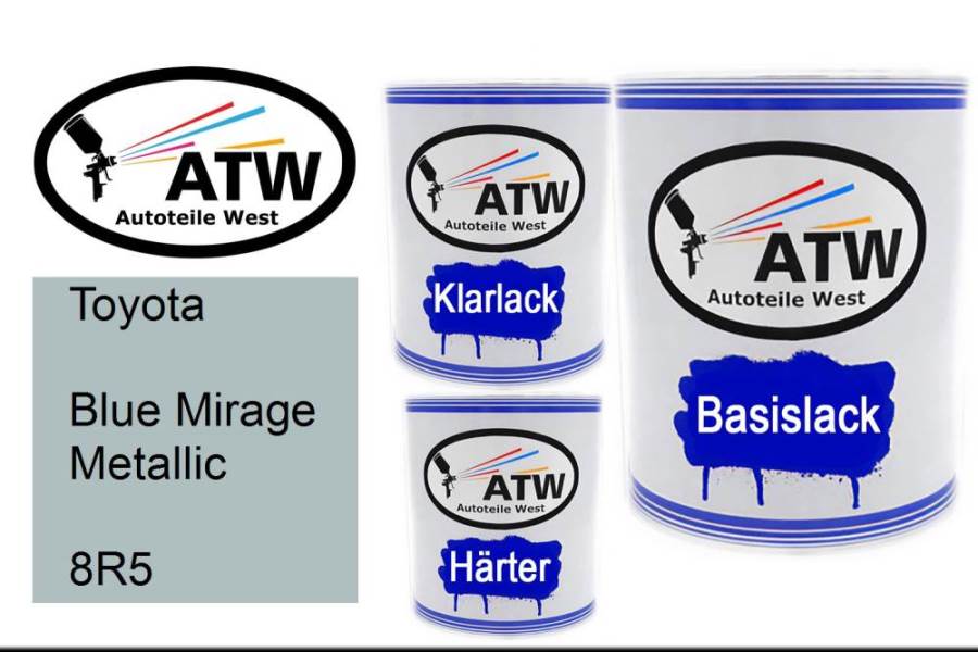 Toyota, Blue Mirage Metallic, 8R5: 1L Lackdose + 1L Klarlack + 500ml Härter - Set, von ATW Autoteile West.